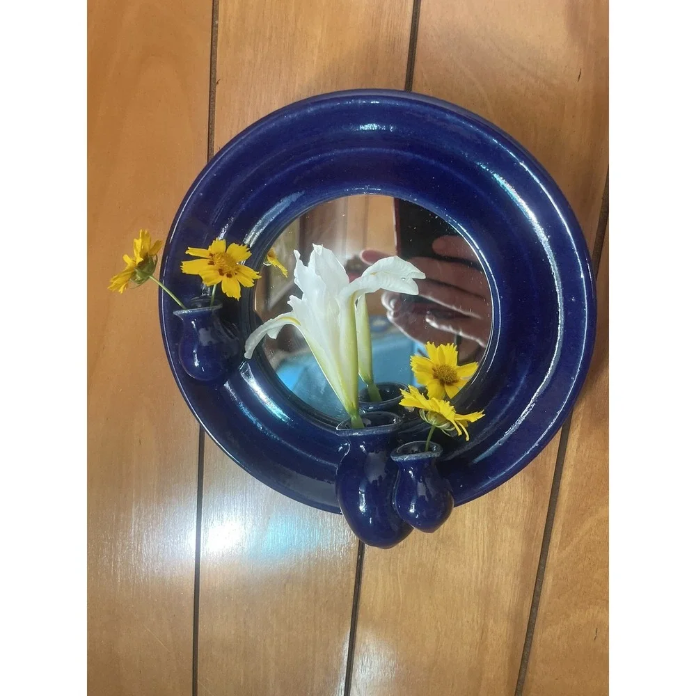 One Of A Kind - Artisan Made - Ceramic Framed Mirror With Trio Of Ceramic Vases‎